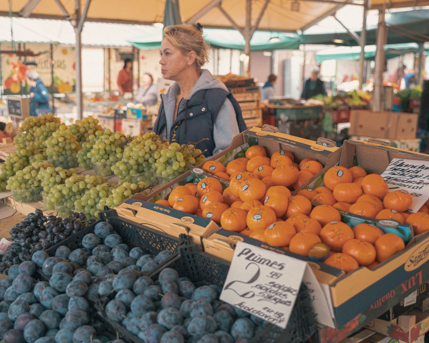 Fresh oranges and plums displayed at an outdoor market produce stand.