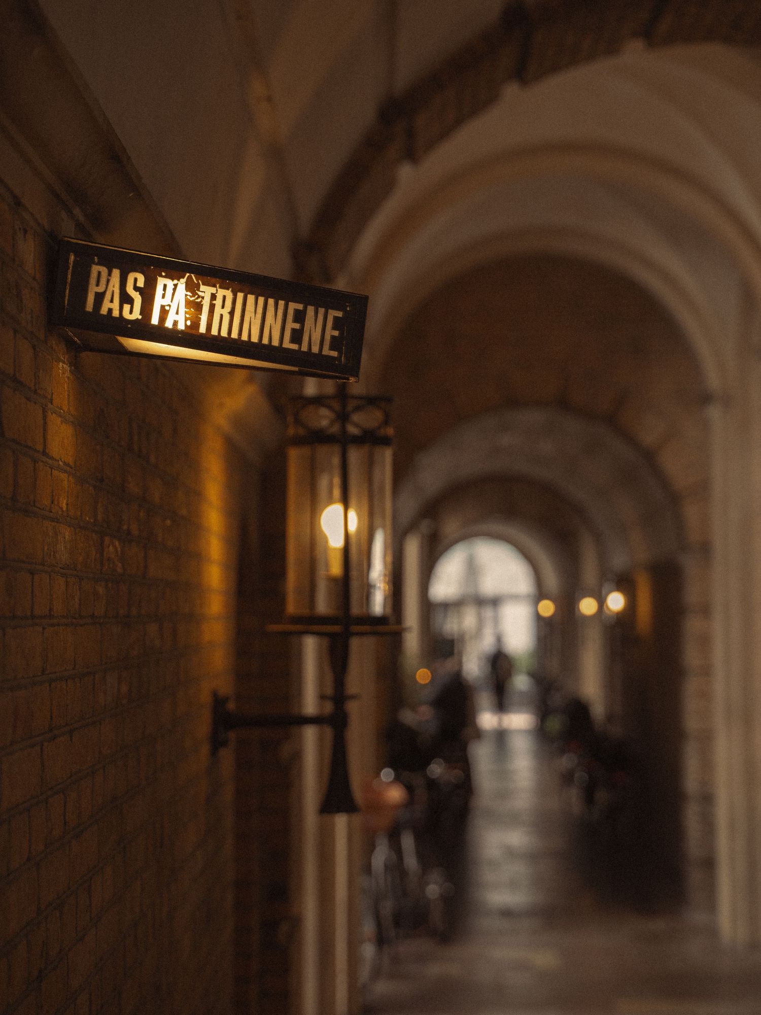 Dimly lit arched hallway with vintage light fixtures and brick walls creating an atmospheric corridor.