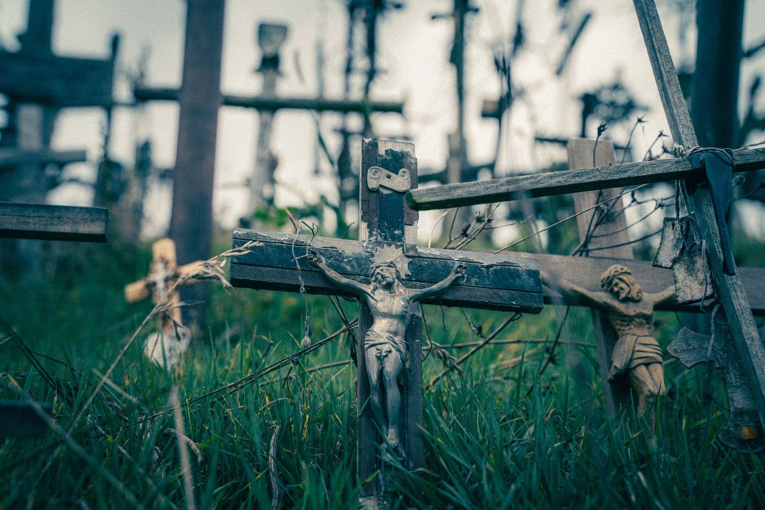 Wooden crosses and religious monuments standing in tall grass at sunset.