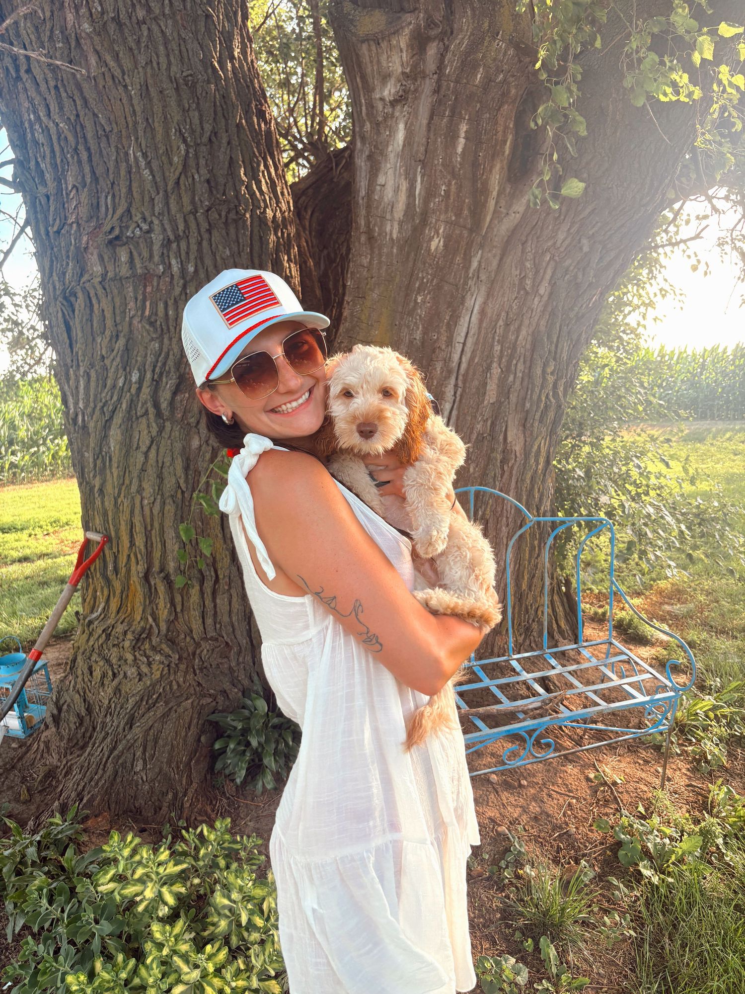 A cute goldendoodle puppy being held outdoors near a large tree trunk on a sunny day.