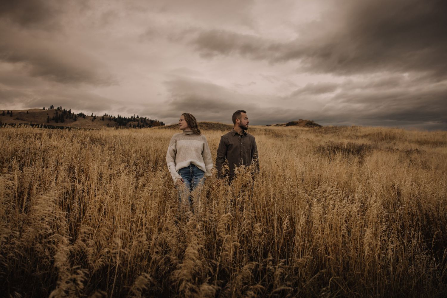 A romantic couple embraces in a tall grass field during golden hour.