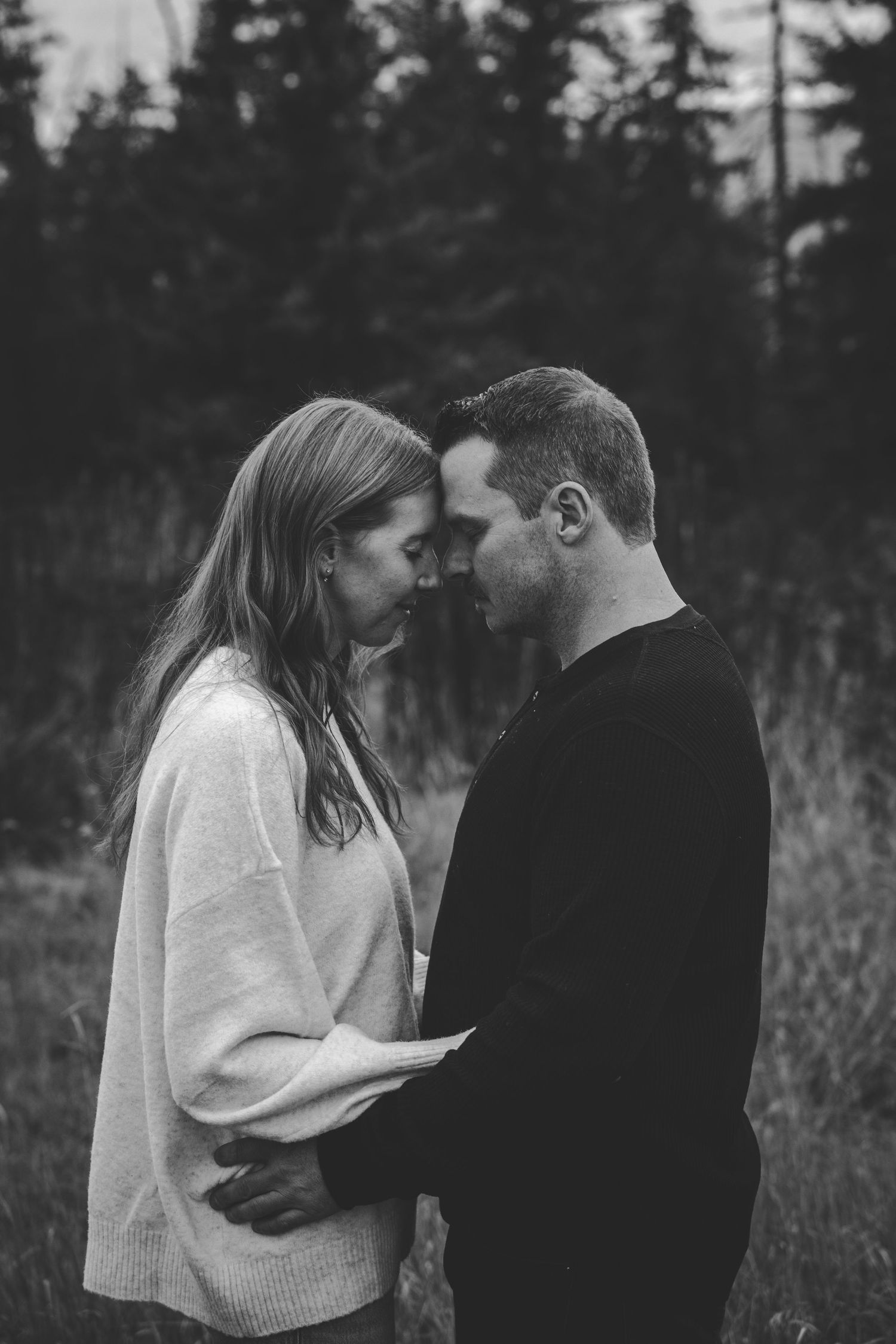 Romantic couple sharing intimate moments in a field with evergreen trees behind them.