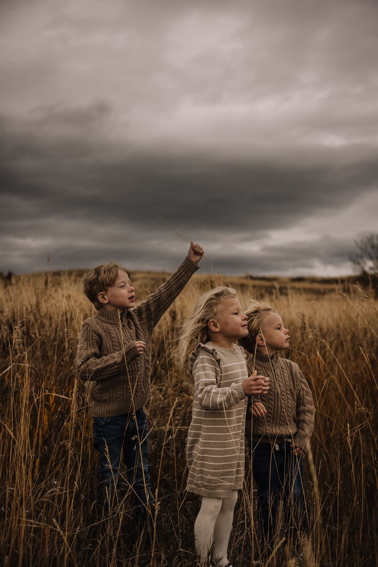 Kids expressing joy while playing in field beneath stormy sky.