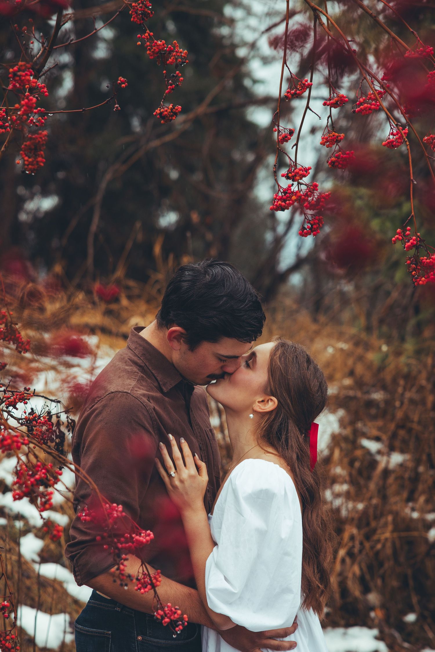 A romantic winter scene framed by vibrant red berries and snow-covered ground.