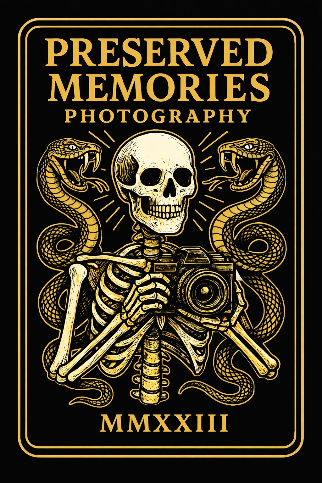Vintage-style gold and black logo design featuring a skeleton photographer with decorative snakes.