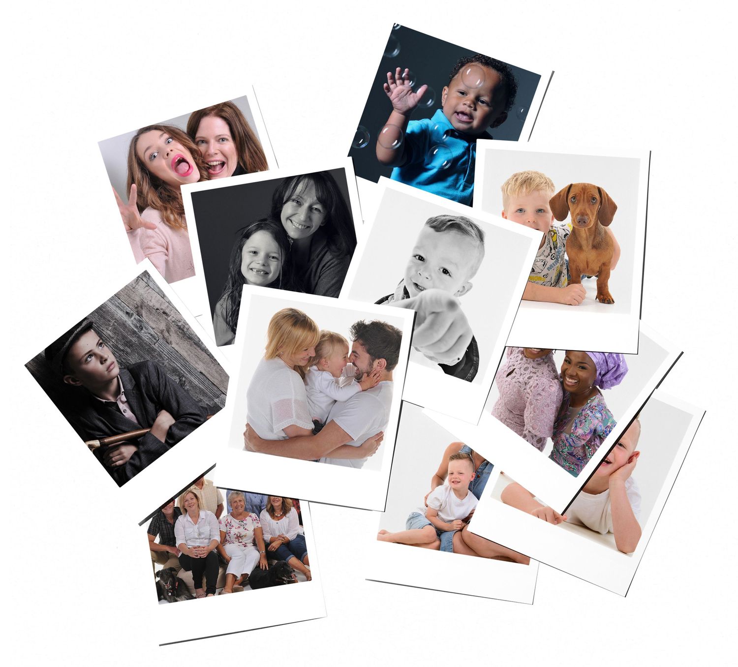 A collage of family portrait photos featuring children, babies, mothers, and a dachshund dog arranged like scattered polaroids.