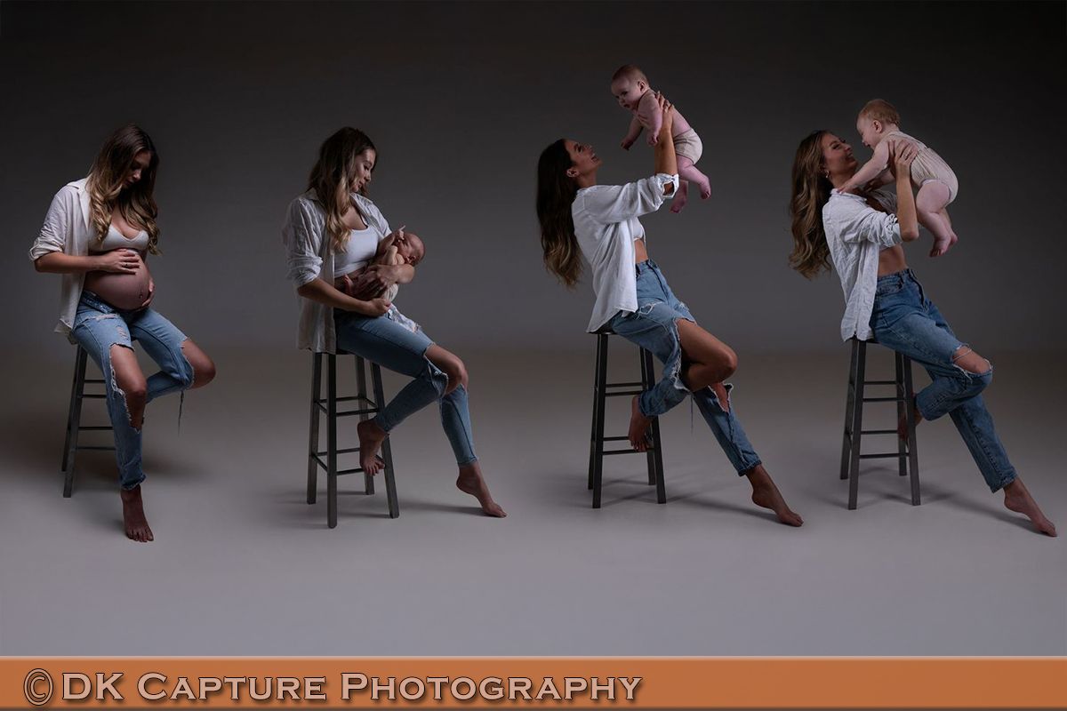 Series of artistic portraits on wooden stools showing progressive movement sequence.