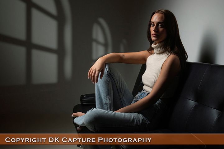 Dramatic portrait series showing person in moody lighting against dark background with strong shadows and highlights.