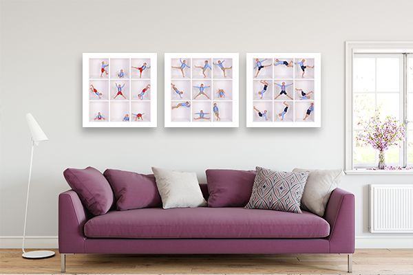 Modern living room with purple sofa, geometric wall art, and white walls creating a contemporary aesthetic.