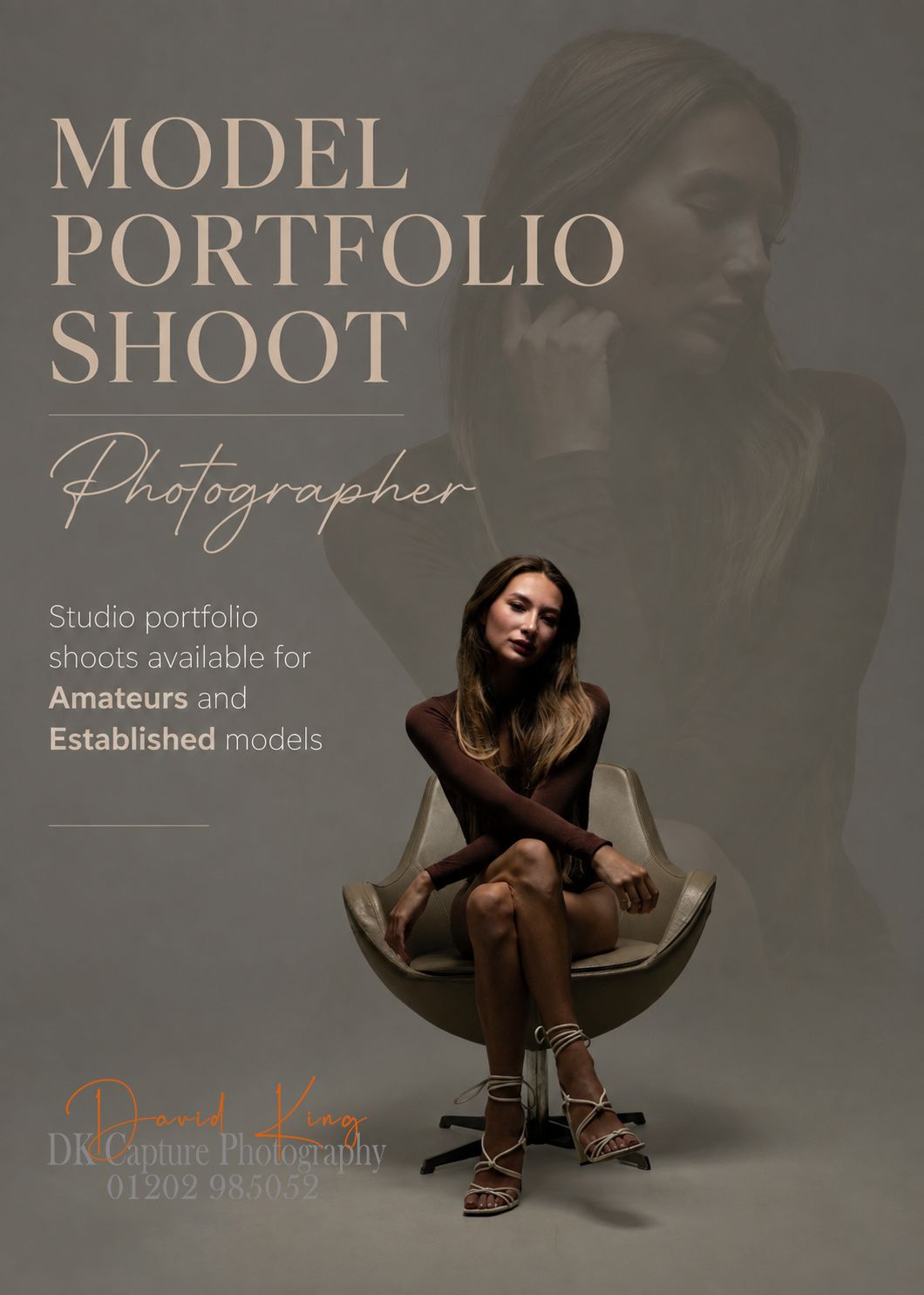 Model portfolio shoot advertisement by DK Capture Photography featuring a woman posing in a studio chair.
