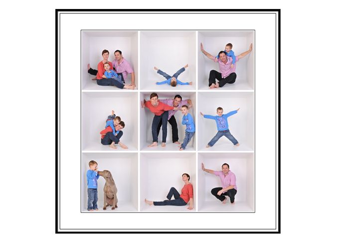 A collage of nine family portrait photos arranged in a 3x3 grid, featuring adults and children posing playfully in white cube shelves.