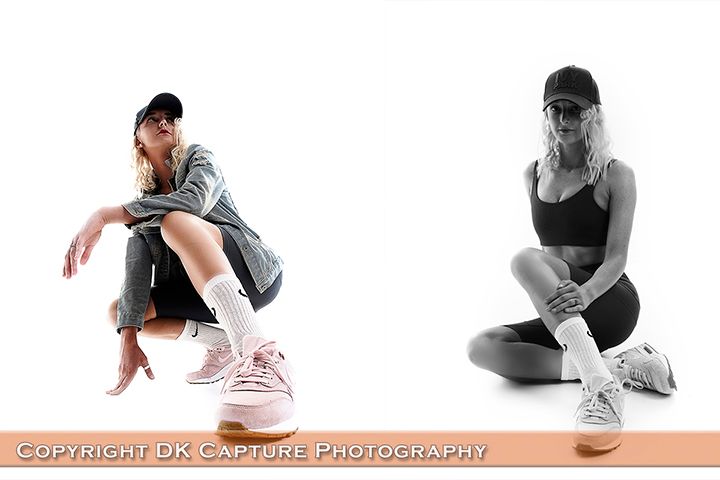 A dancer in casual wear and sneakers poses in two contrasting artistic shots, one in color and one in black and white.