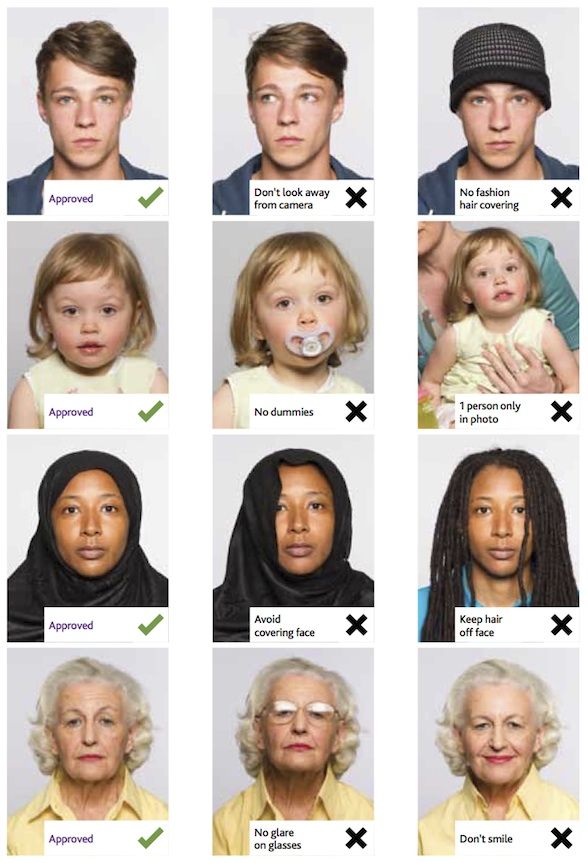Passport photo guide showing approved and rejected examples, including looking away, hair coverings, dummies, glare on glasses, and smiling.