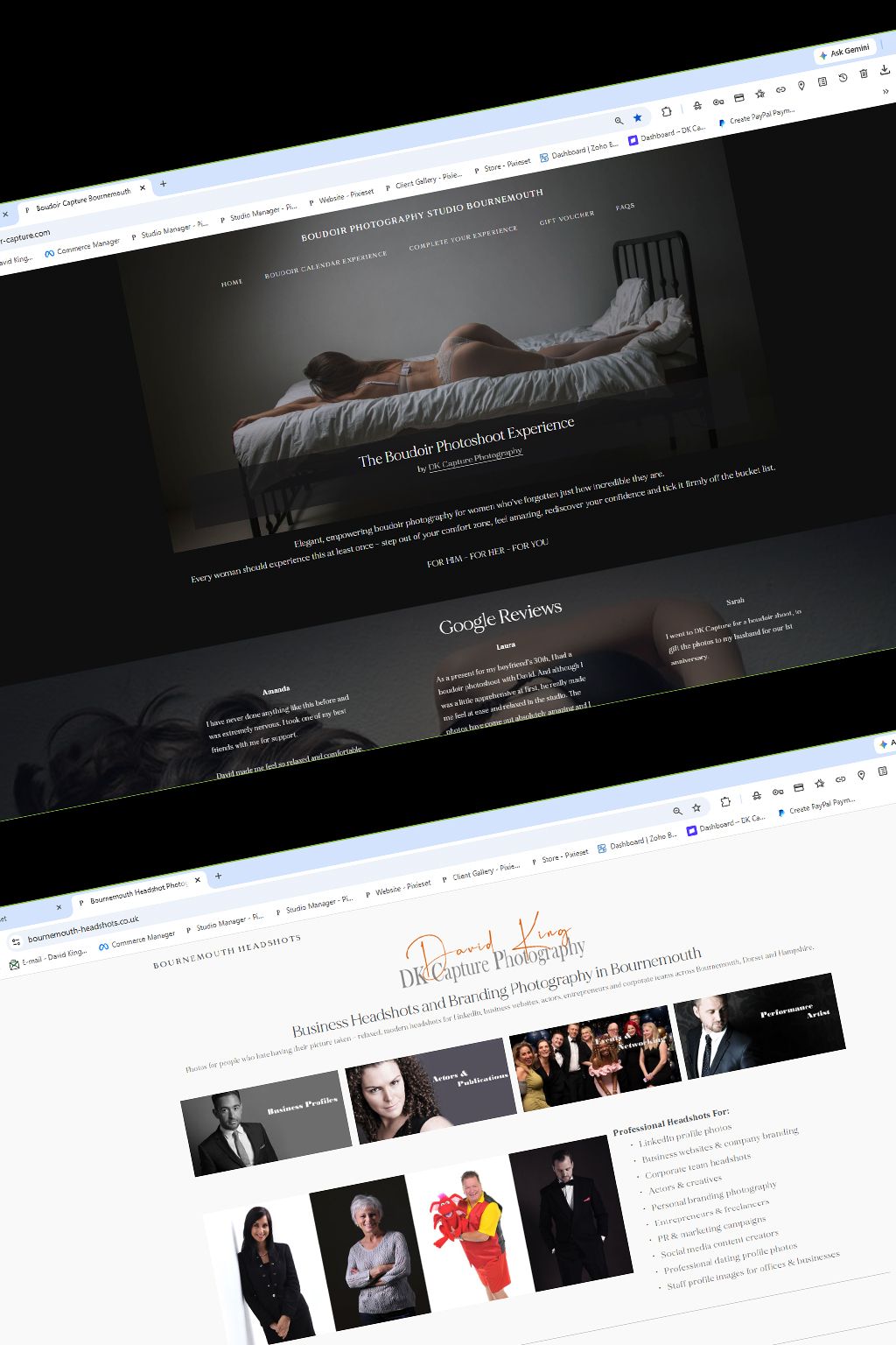 Two photography studio websites displayed on a laptop screen showing boudoir and personal branding portrait photography services.