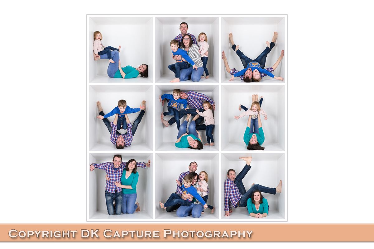 A creative photo collage of nine playful family portraits with matching blue outfits against a white studio backdrop.