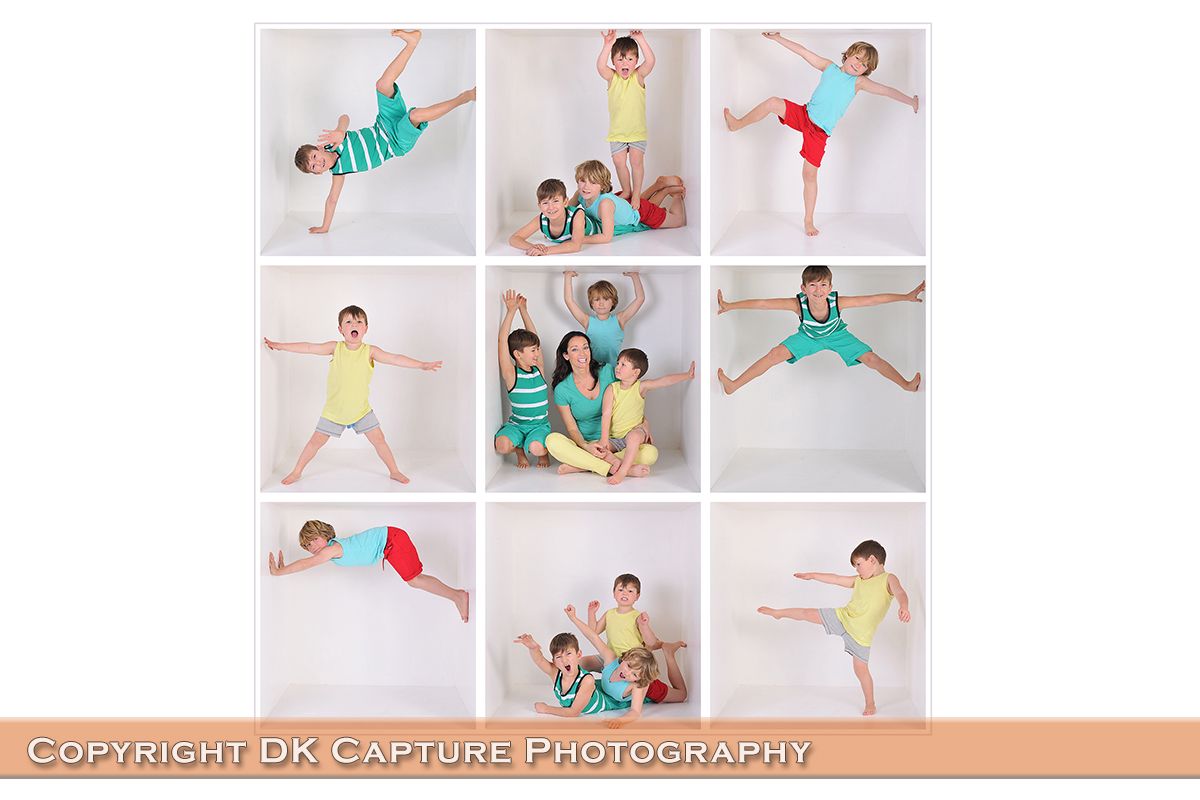 Collage of nine playful images showing children in colorful outfits doing dynamic dance poses and movements against a light background.