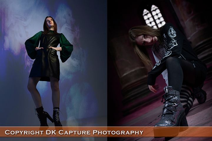 Artistic photo series featuring black boots and dark clothing against dramatic lighting.