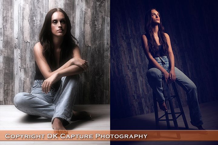 Artistic portrait series showing dramatic poses on wooden chairs against dark moody backdrop with atmospheric lighting effects.