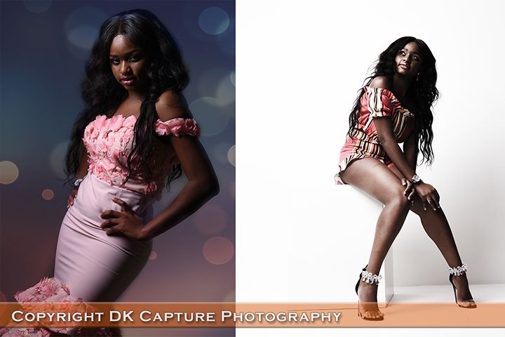 Fashion model poses in pink off-shoulder dress and red floral print outfit against studio backdrop with bokeh effects.