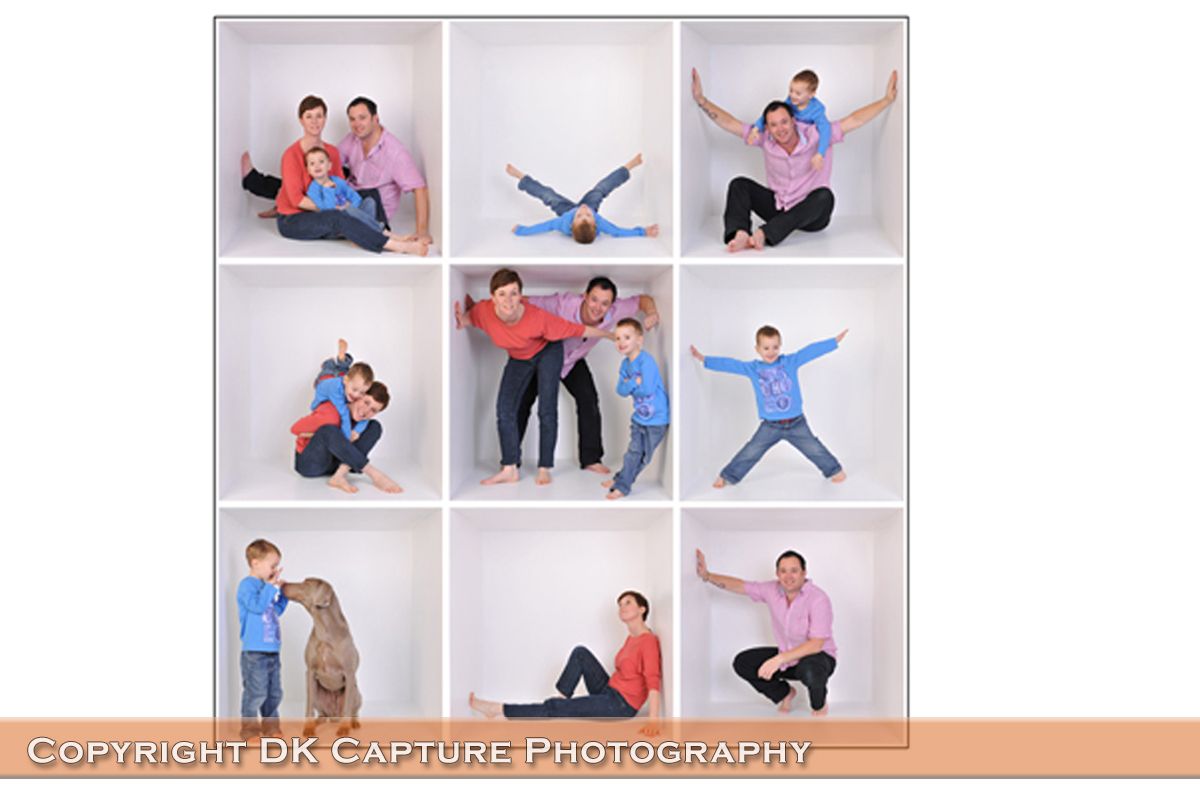 A creative photo collage showing people in playful poses against a white studio backdrop, arranged in nine square frames.