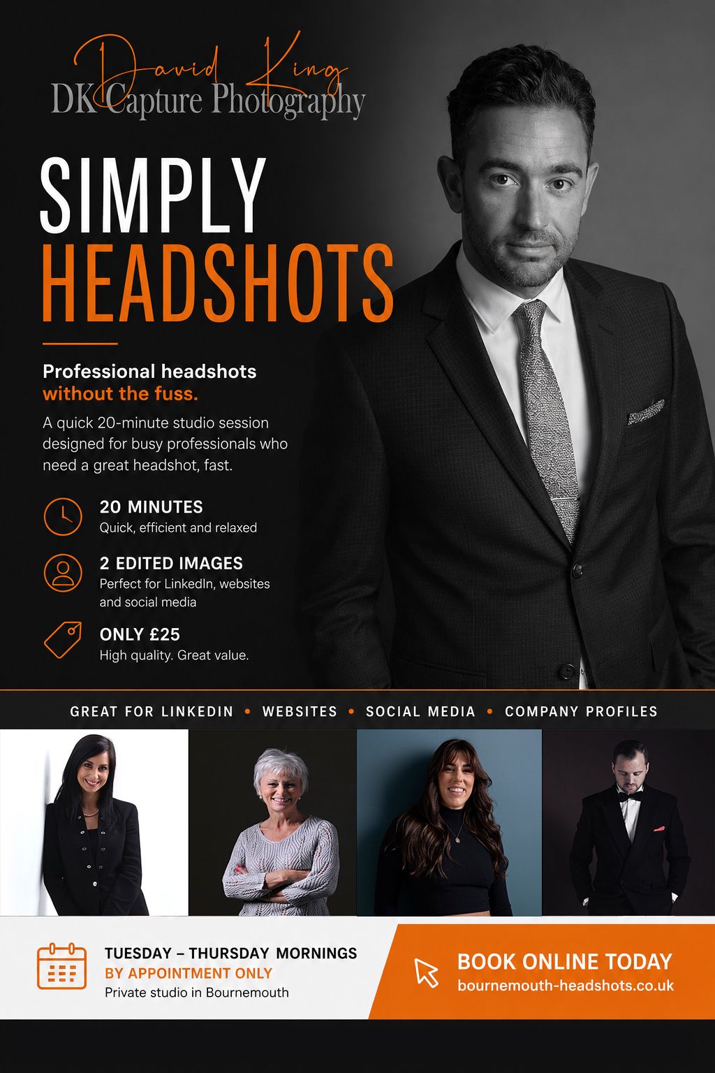 Professional headshots advertisement for DK Capture Photography offering 20-minute studio sessions for £25 in Bournemouth.