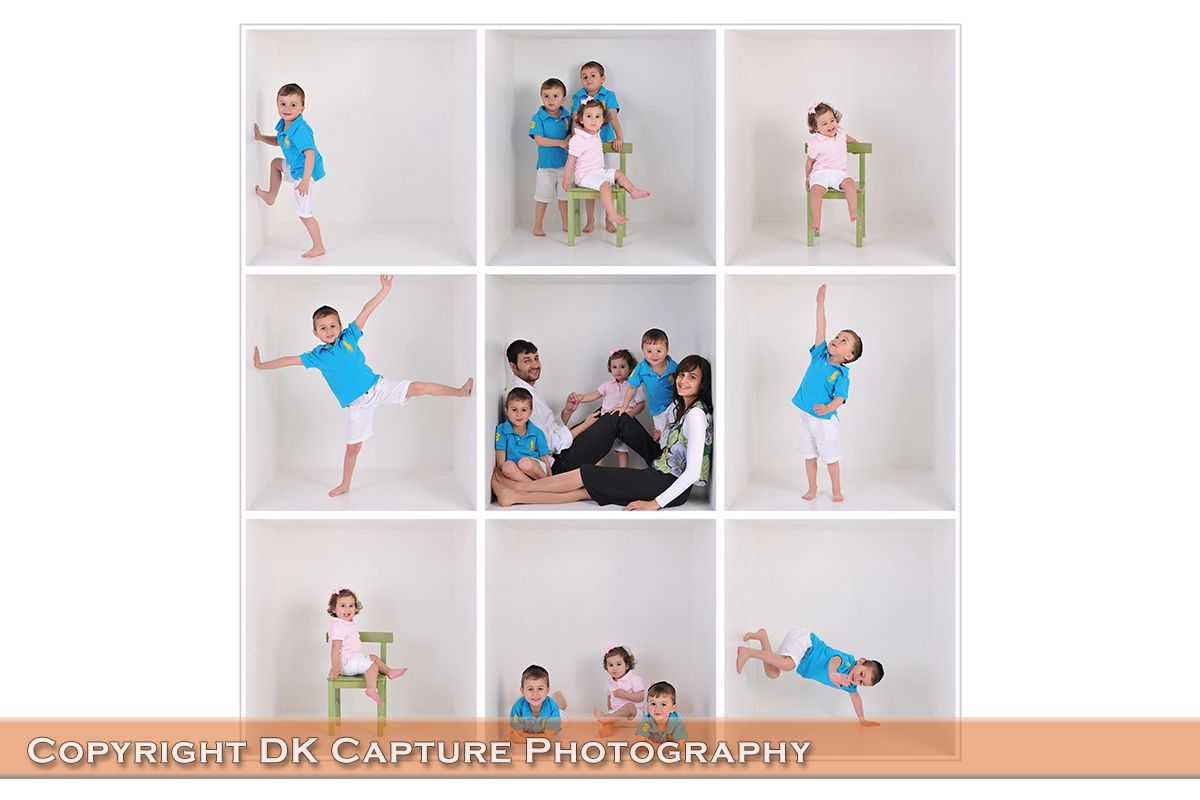 Nine-panel collage in white studio featuring fun movement and poses of family members in casual clothing against a neutral backdrop.