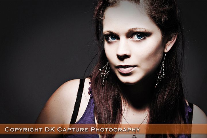 Dark and moody close-up portrait series with dramatic side lighting creating contrast against black background.