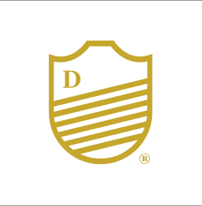 Gold shield emblem with horizontal lines and letter D, elegant crest logo design on white background.