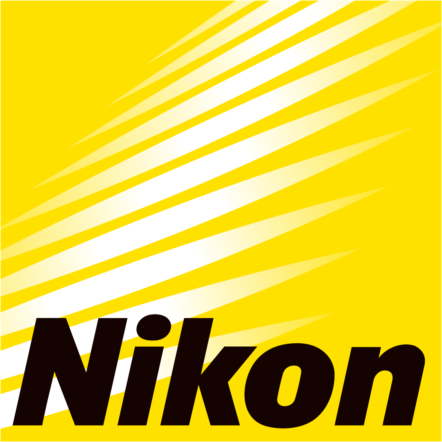 Nikon logo on a bright yellow background with diagonal light rays and bold black text.