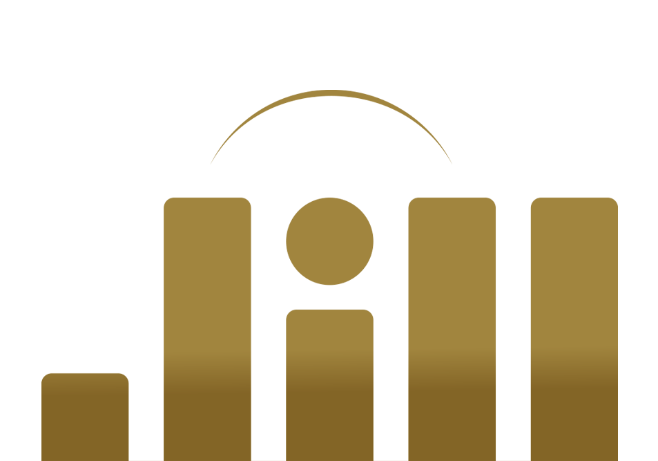 Gold bar chart logo with a semicircle arc, symbolizing data analytics or financial growth on a white background.