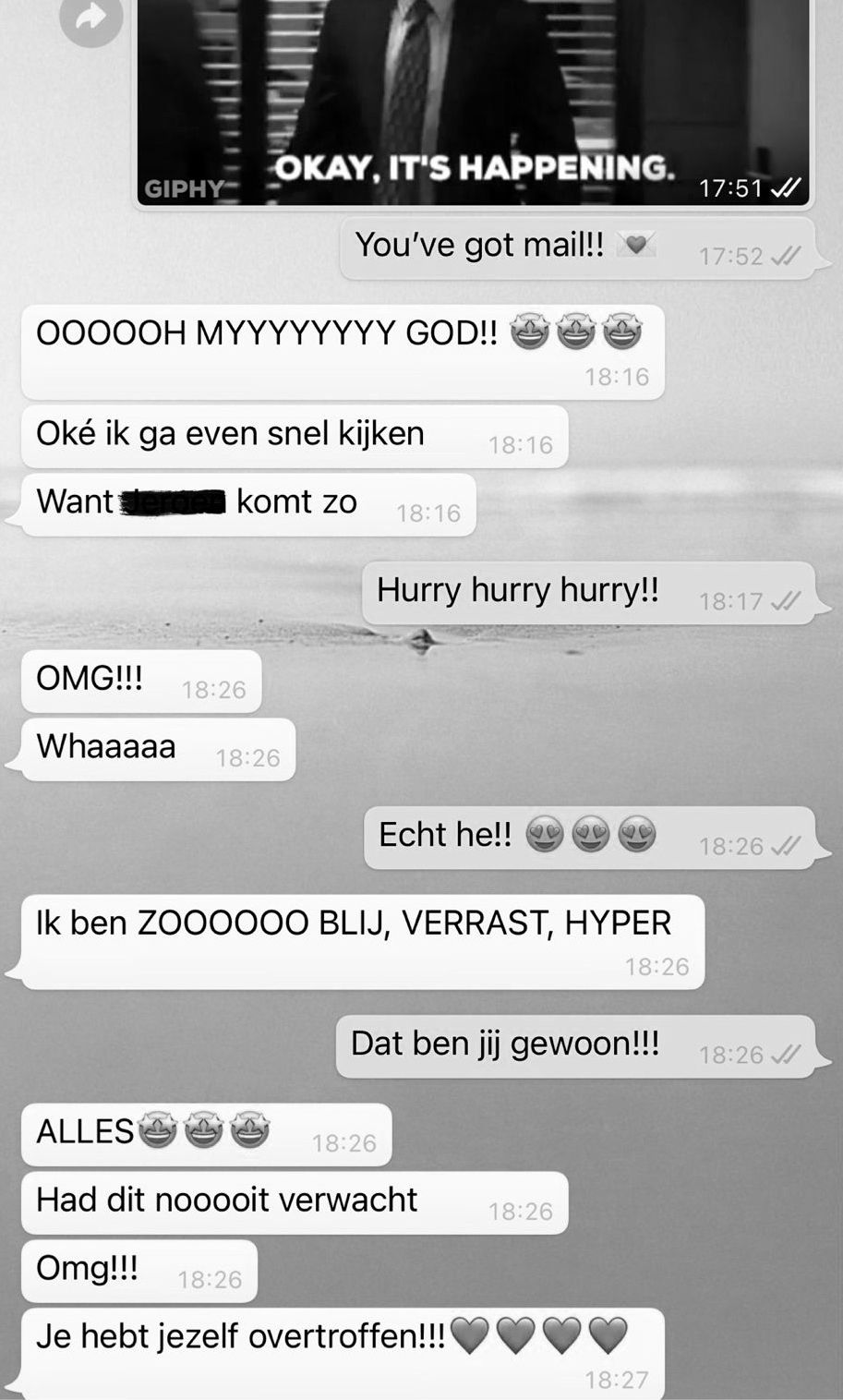 A WhatsApp chat conversation showing excited messages and reactions.