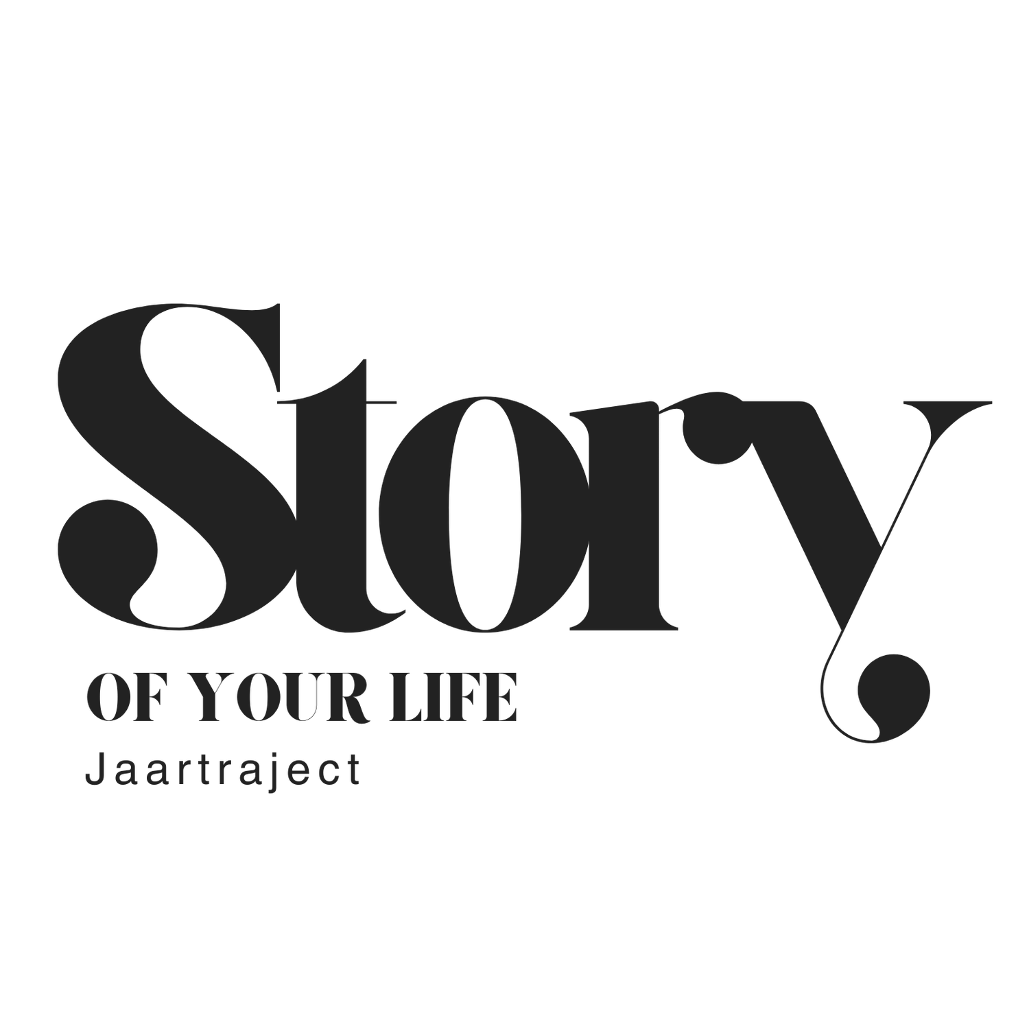 Black and white typography logo design for 'Story of your life' Jaartraject with elegant serif lettering.