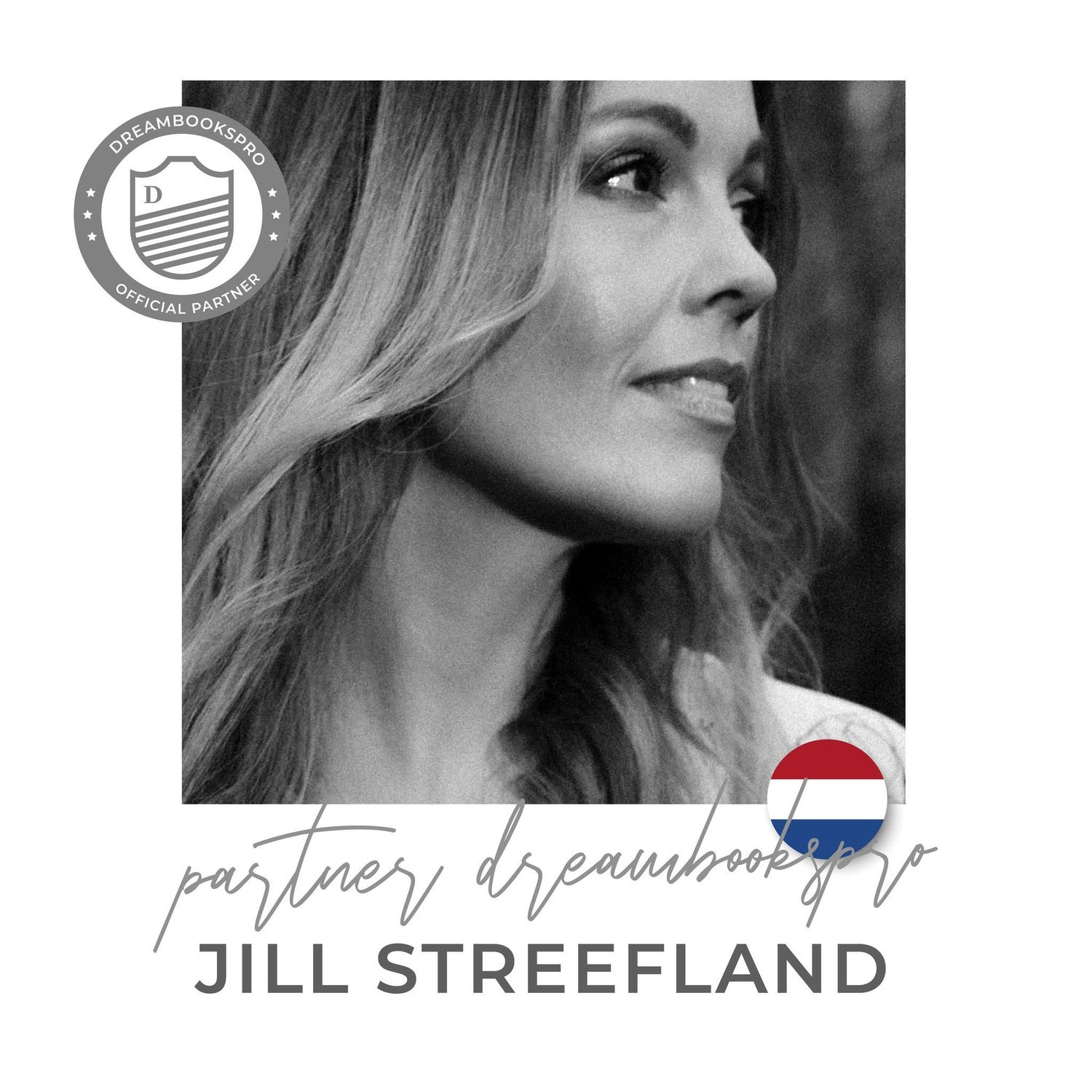 Black and white portrait of a woman with long wavy hair and campaign button against dark background.