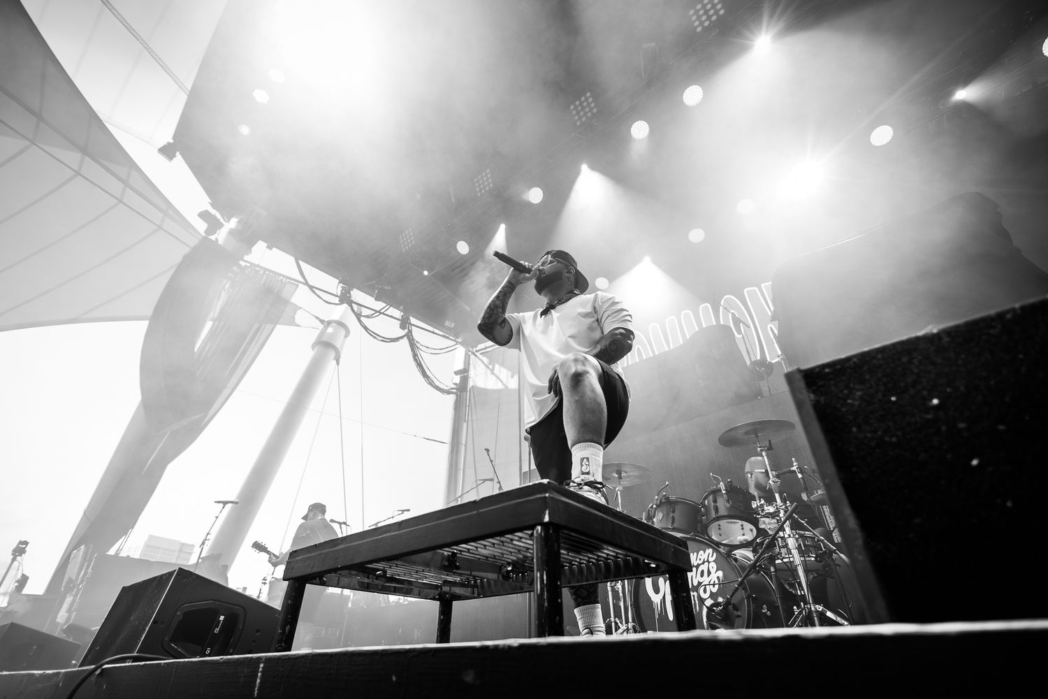 Dynamic black and white concert photo showing a performer jumping off a platform during an energetic stage performance.
