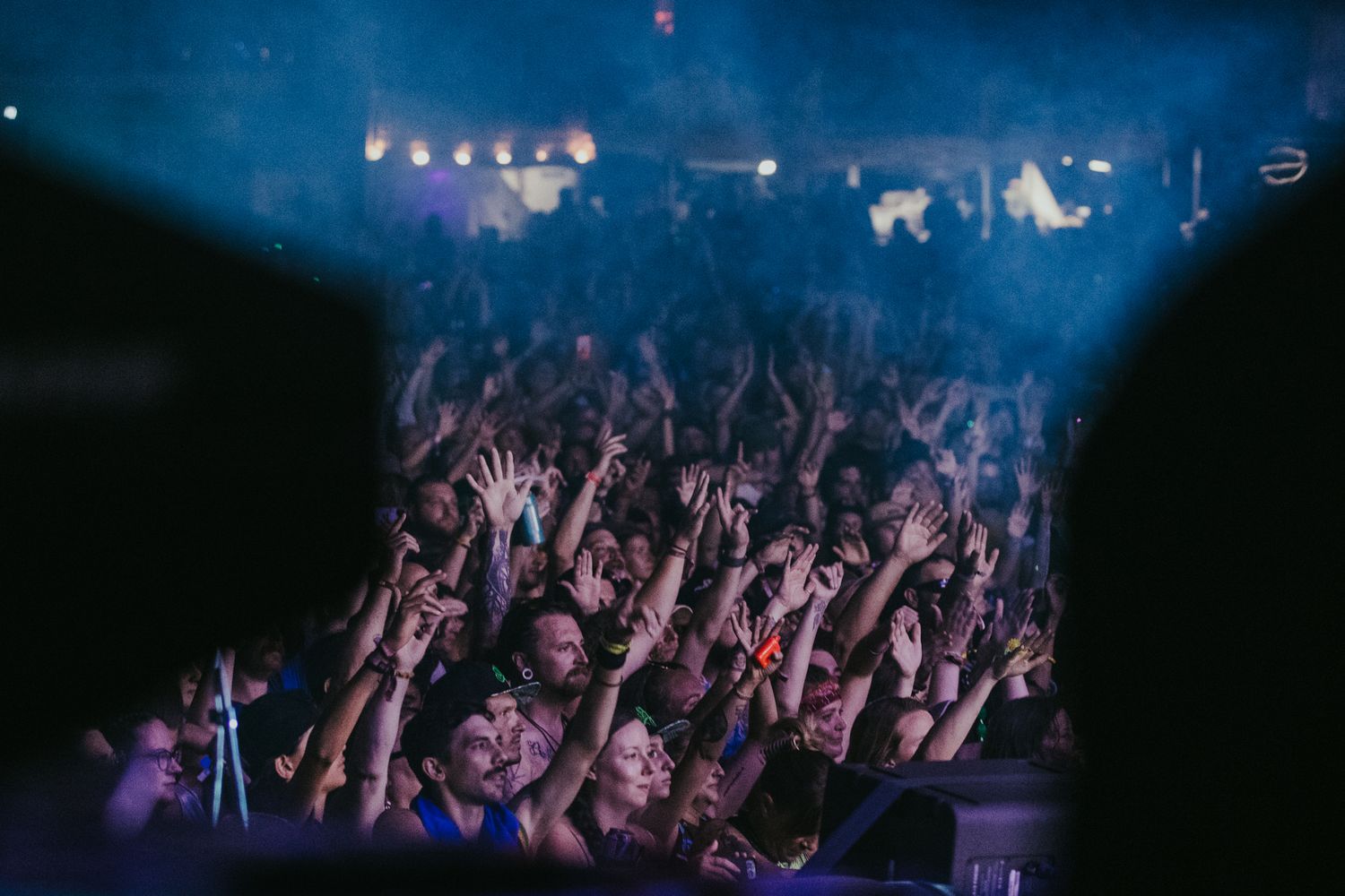 Enthusiastic concert crowd raises hands in a dark venue illuminated by blue stage lights.
