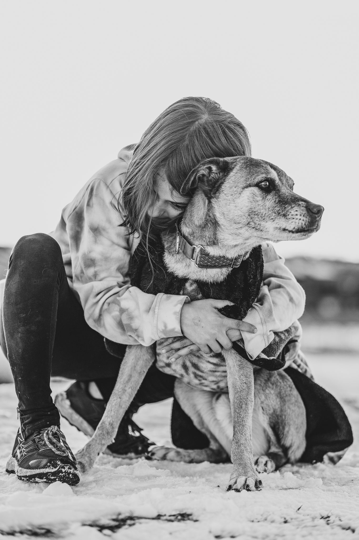 Black and white portrait of a tender moment between a dog and their companion on a beach.
