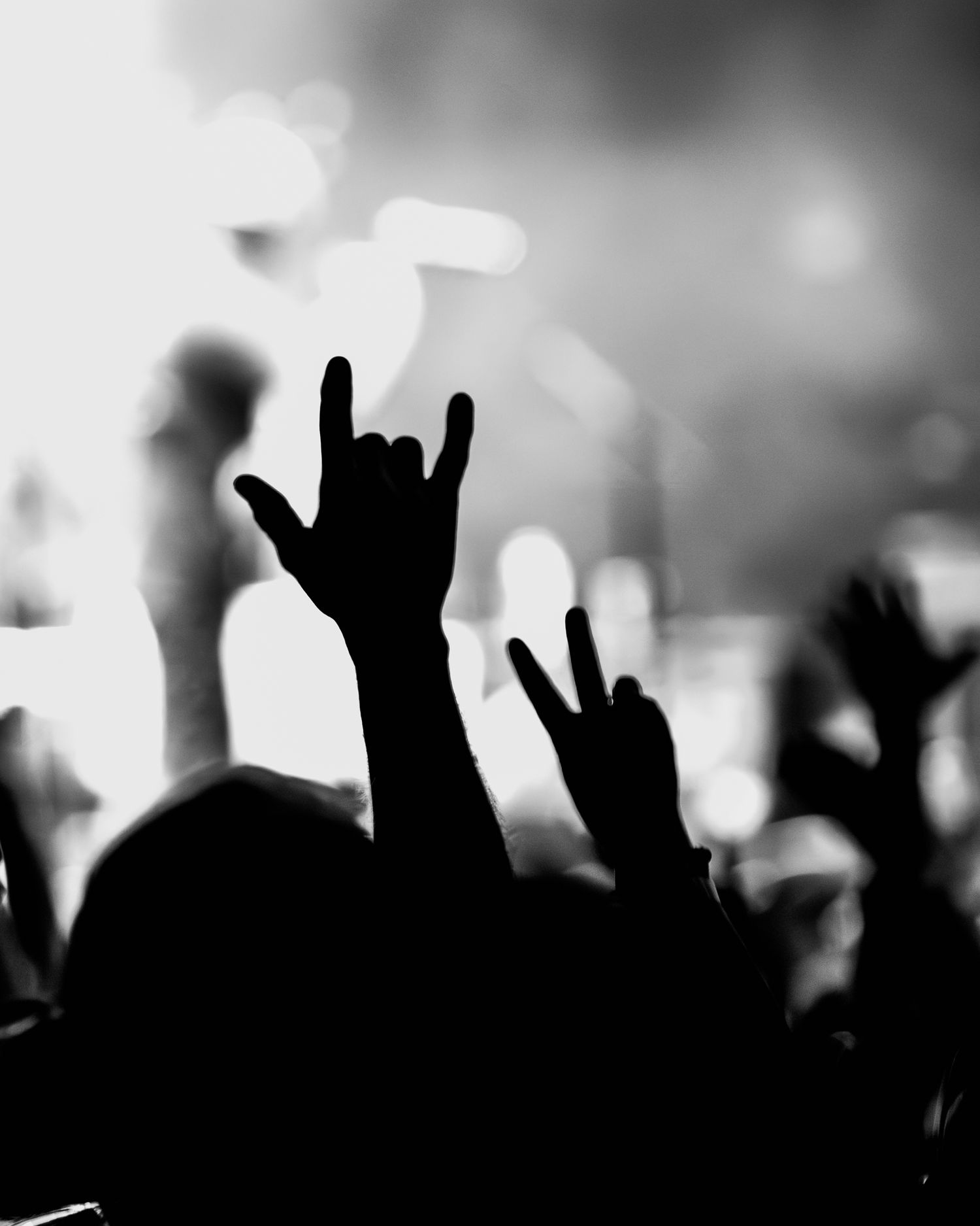 Silhouetted concert crowd makes rock hand gestures against blurred lights.