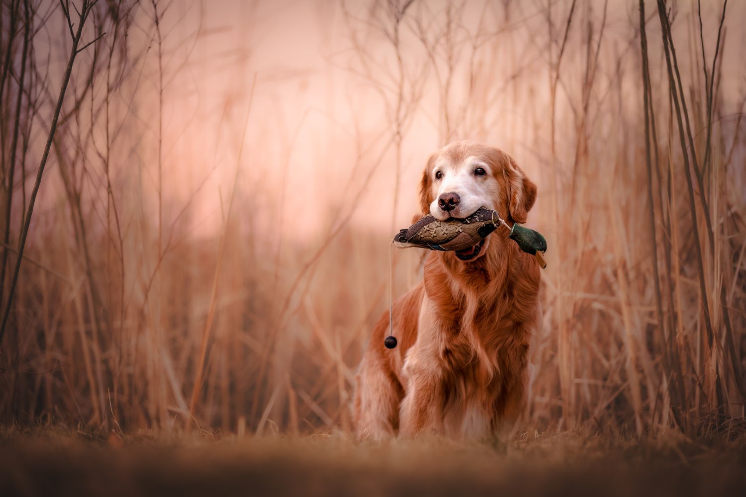 A Nova Scotia Duck Tolling Retriever holds a bird in its mouth while sitting in a field of tall brown grass.