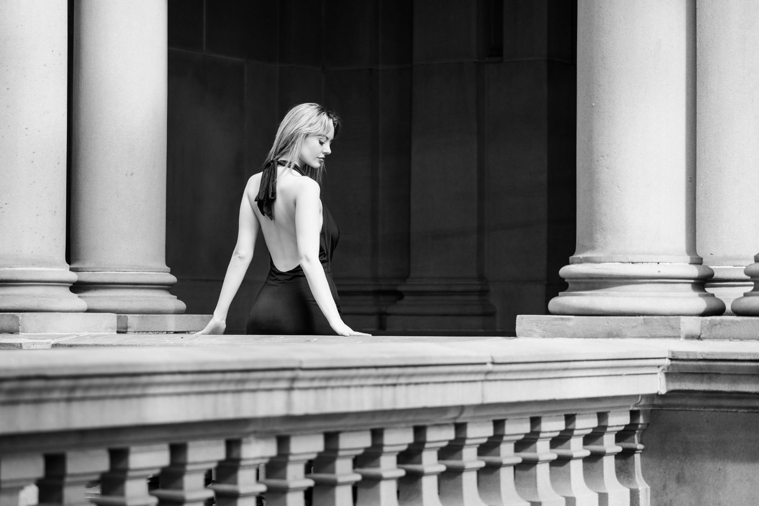 Elegant architectural photo featuring white columns and balustrade in monochrome.