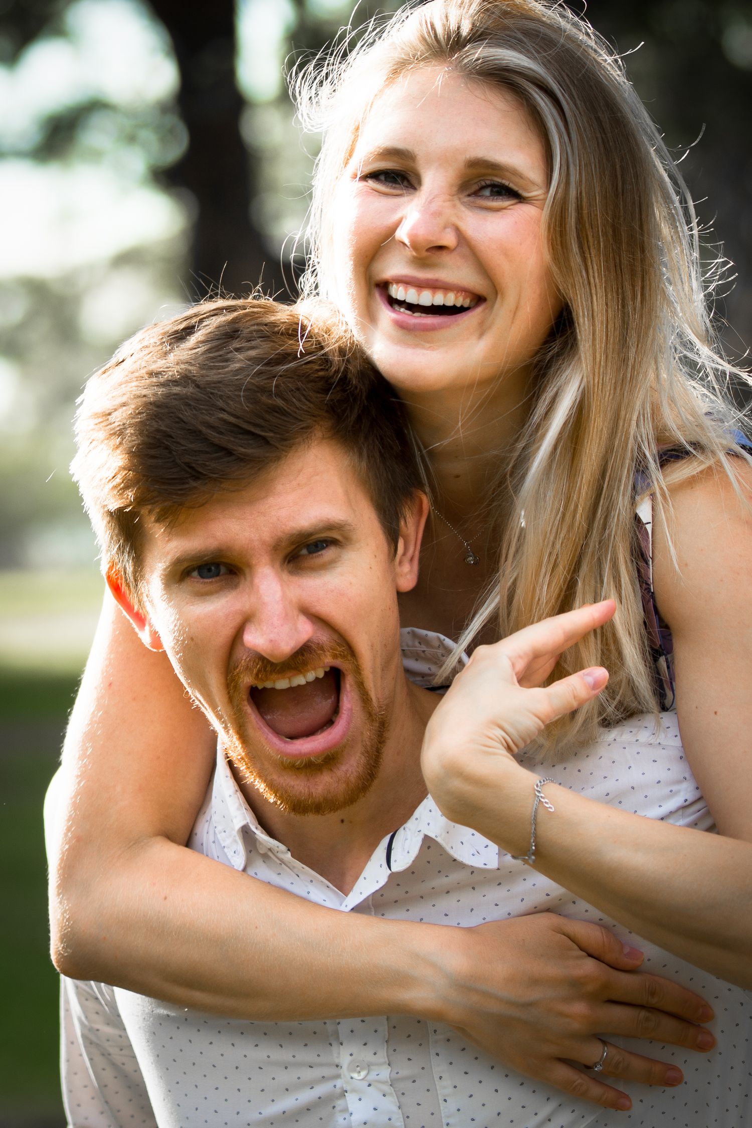 Playful outdoor couple photography sequence showing piggyback rides and laughter.