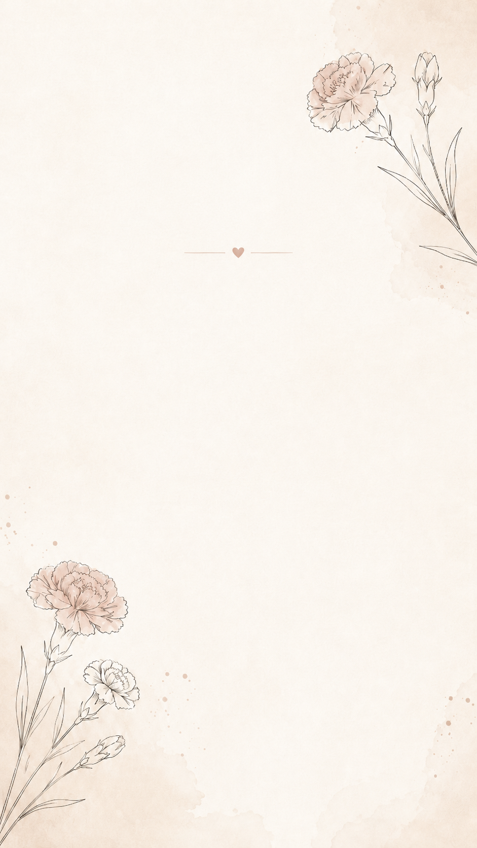 Elegant beige floral background with delicate carnation line art illustrations and a small heart, perfect for wedding or greeting cards.