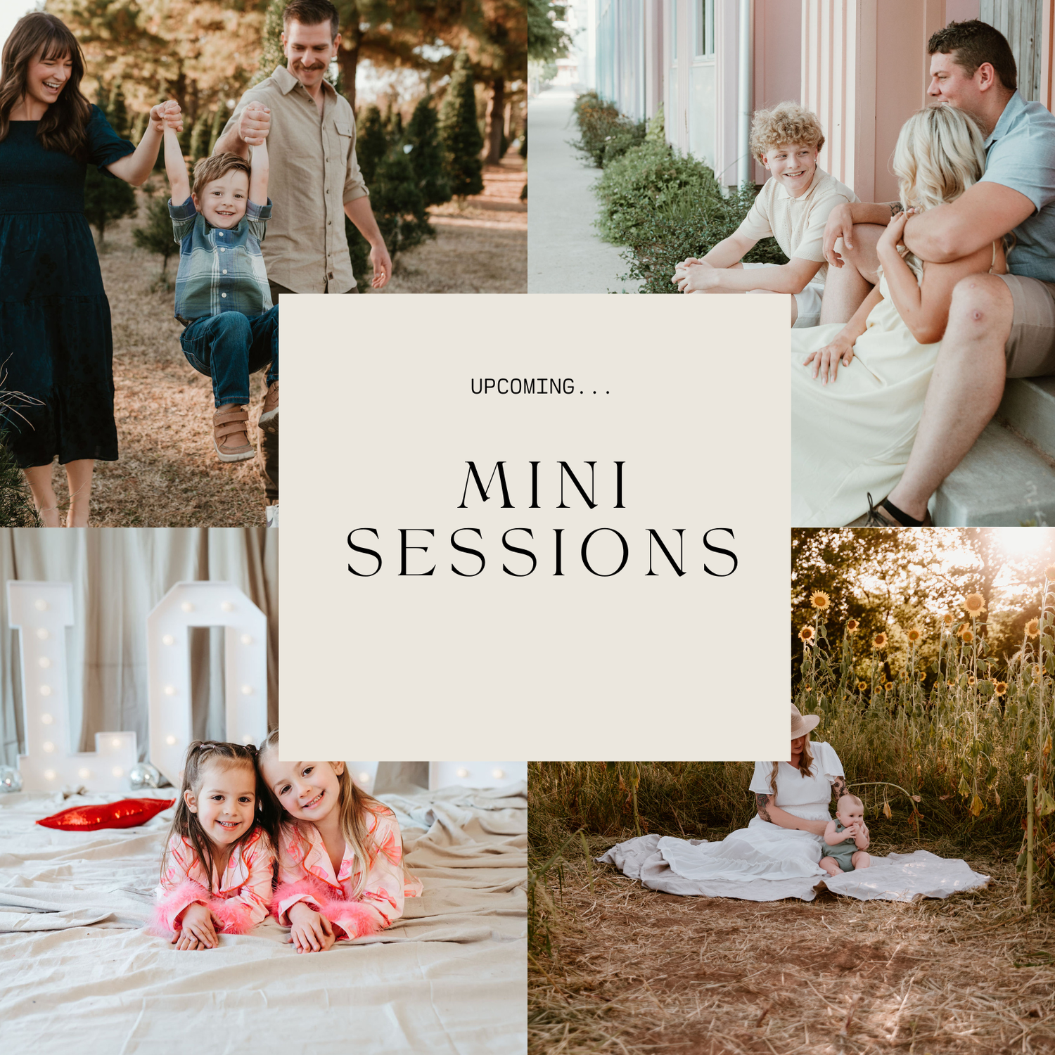 Promotional collage for upcoming mini photography sessions featuring families and children posing outdoors and indoors.