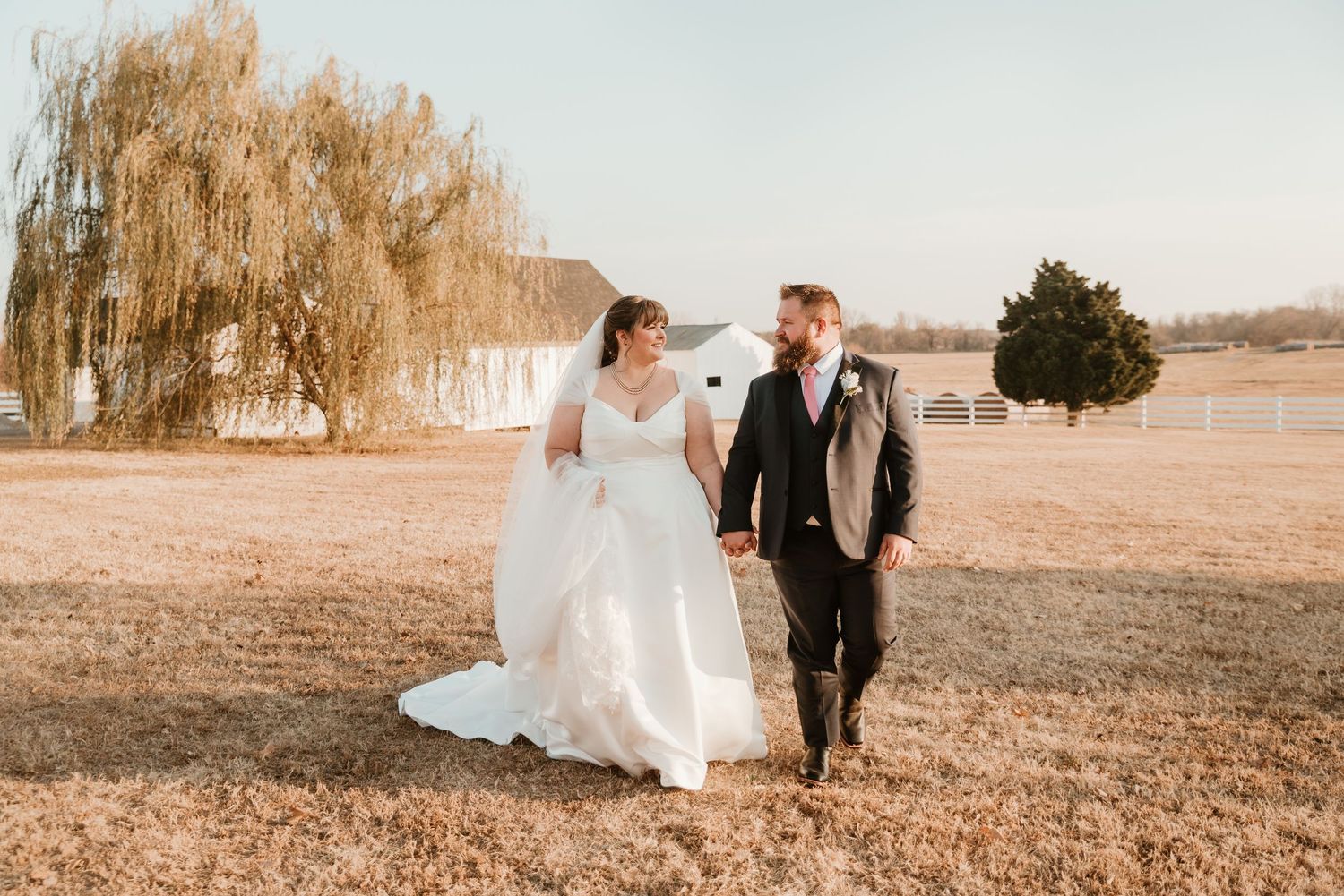 Bride and groom walk hand in hand across a golden field near a willow tree on their wedding day.