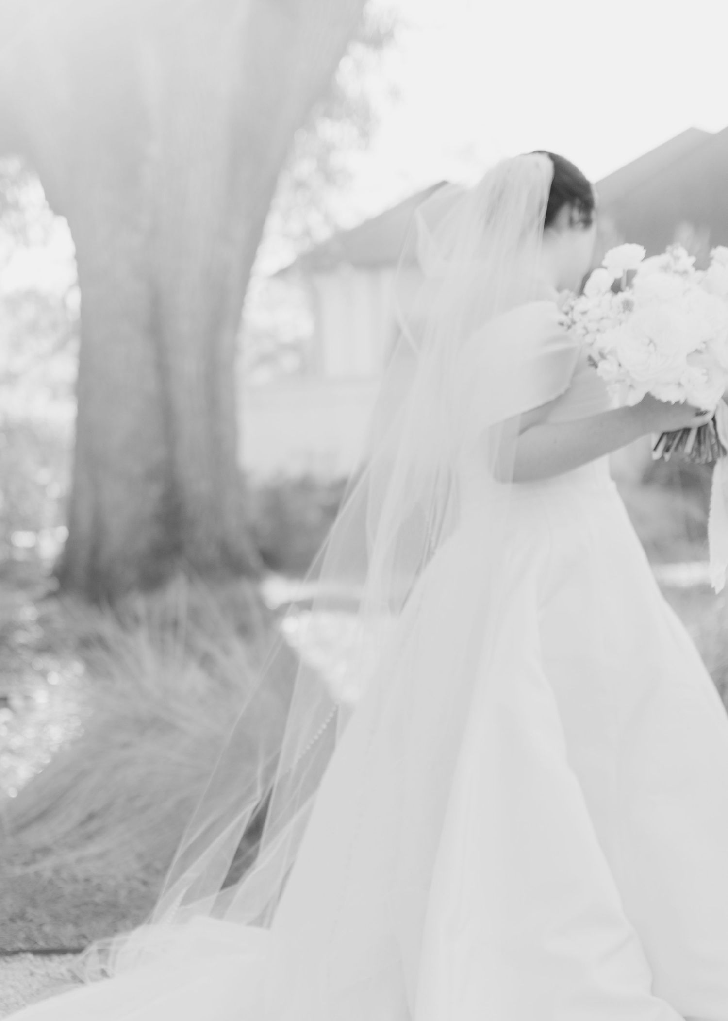 A flowing white wedding veil billows in the wind creating an ethereal and romantic silhouette against a natural backdrop.