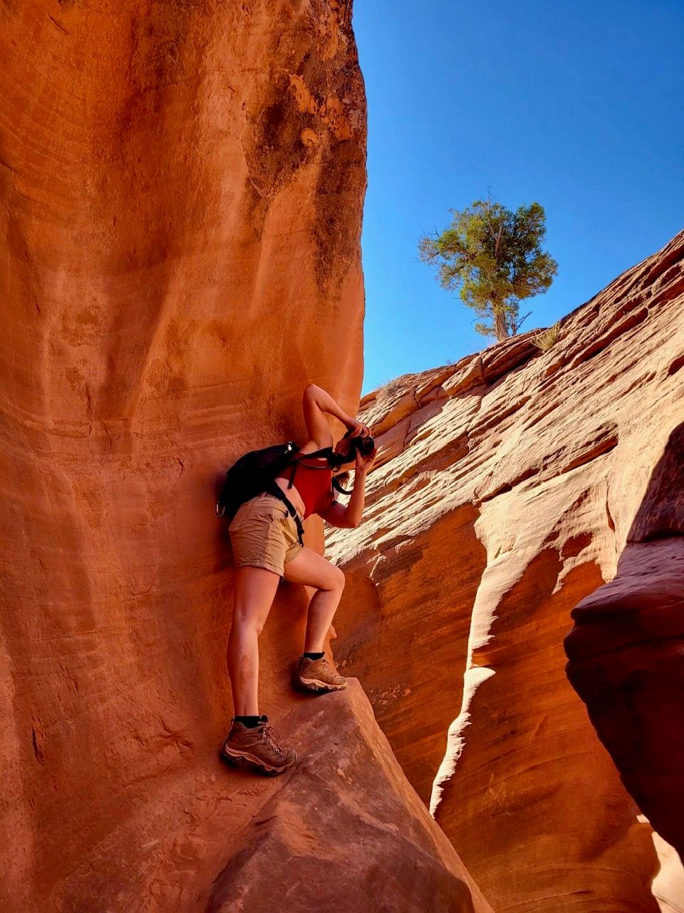 A rock climber scales a steep red sandstone wall in a sequence of action shots against a bright blue desert sky.