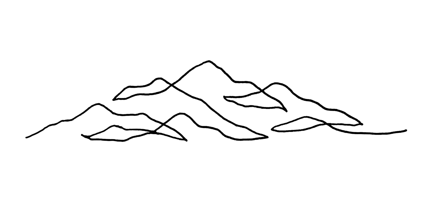 Minimalist one-line drawing of a mountain range landscape with layered peaks and rolling hills.