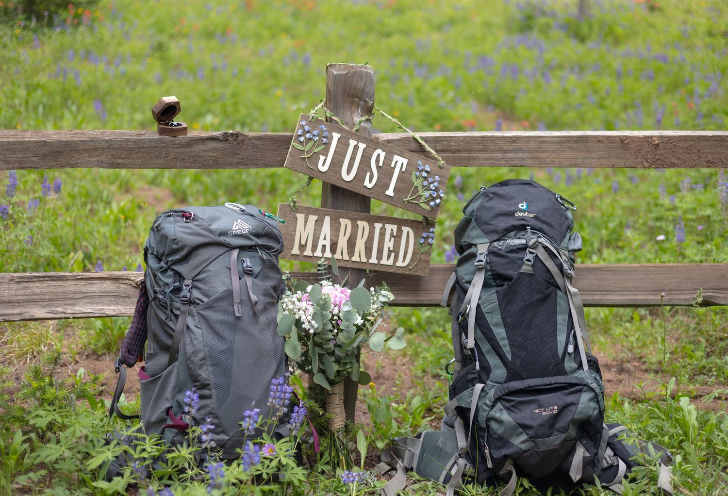 Two hiking backpacks rest against a rustic wooden fence with 'Just Married' signs in a green meadow setting.