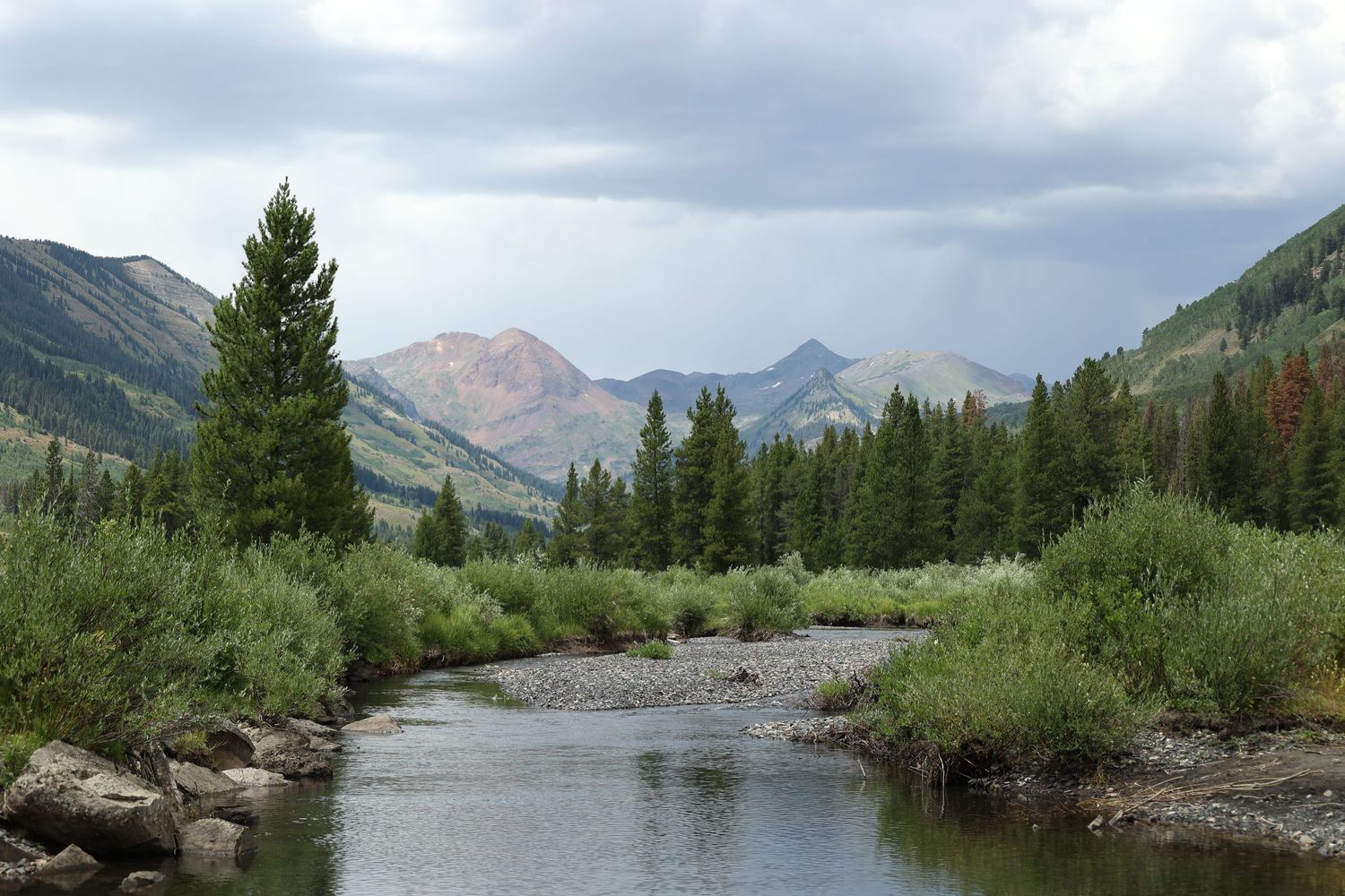Mountain stream flows through a green valley surrounded by rocky peaks and pine trees.