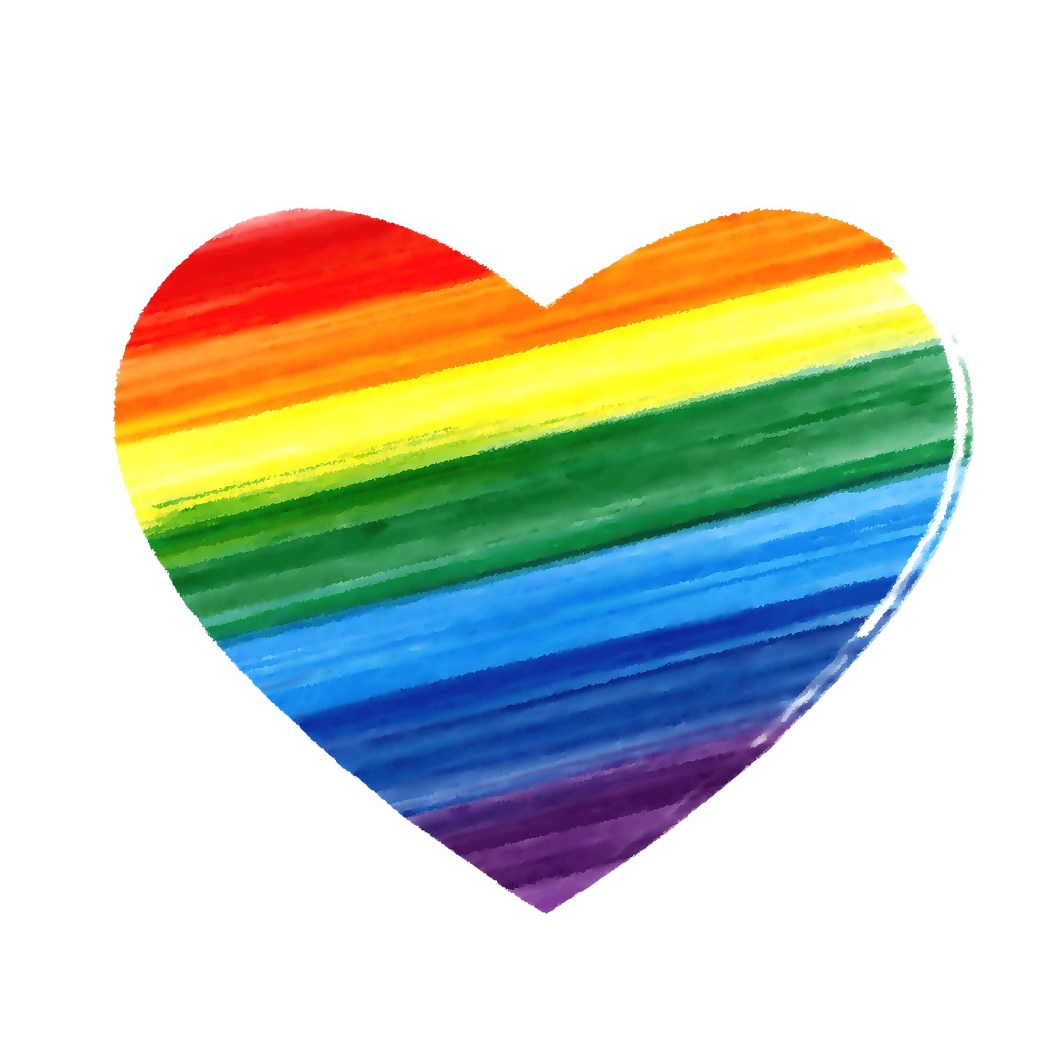 Watercolor rainbow heart with vibrant red, orange, yellow, green, blue, and purple stripes, symbolizing pride and love.