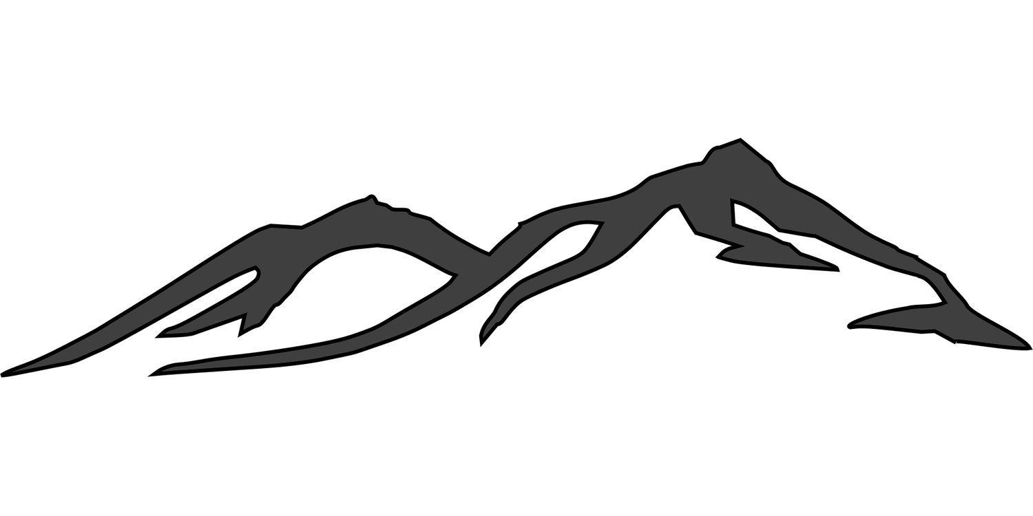 Dark silhouette illustration of a rugged mountain range with sharp peaks against a white background.